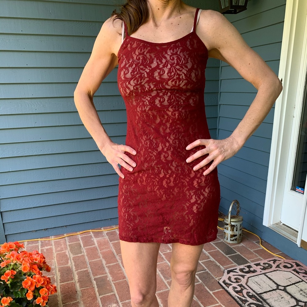 Sheer lace red Calvin Klein slip or dress
